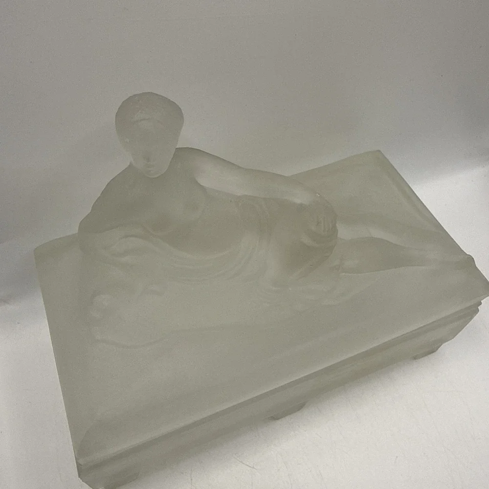 Art Deco Frosted White Glass Box W/ Nude Women Trinket Dish Jewelry Dresser RARE